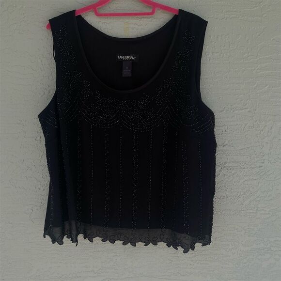 Lane Bryant Women's 20 Black Beaded Sleeveless Tank Top Party Scalloped Hem - Picture 2 of 8